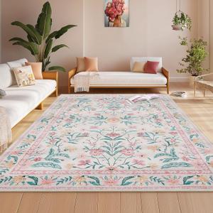 8x10 Pink Floral Washable Rug for Girls Bedroom,Soft Boho Area Carpet for Living Room, Nursery, Playroom, Non-Slip & Easy to Clean