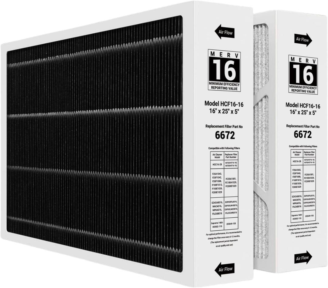 X6672 MERV 16 16x25x5 Furnace Filter Compatible with Lennox X6672 for Furnace HVAC System, Part #HCF16-16, 2 Pack
