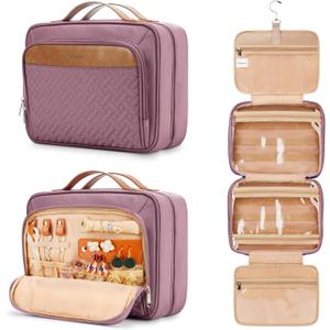 Travel Hanging Toiletry Bag for Women, with Jewelry Organizer Compartment, Medium Waterproof Hanging Makeup Accessories, Cosmetic Essentials, Toiletries Dopp Kit Set with Trolley Belt, Dark Purple