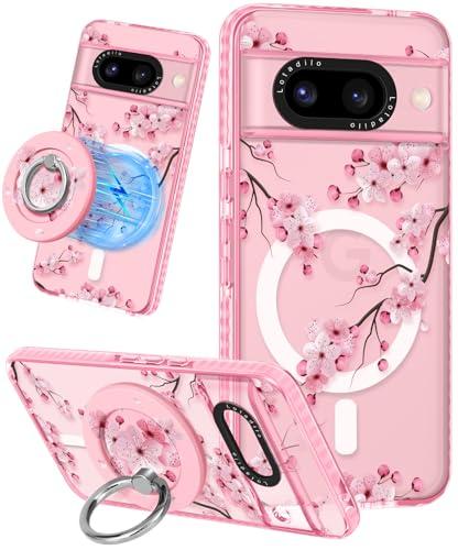 Lotadilo Cute for Google Pixel 8A Case - Compatible with Magsafe Magnetic Ring Holder Stand Kickstand for Women Girls Girly Funny Fashion Pretty TPU Phone Covers Peach Blossom Design