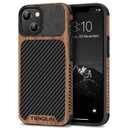 TENDLIN Compatible with iPhone 14 Case Wood Grain with Carbon Fiber Texture Design Leather Hybrid Slim Case Black