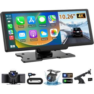 10.26" Wireless CarPlay Screen for Car: 4K Dash Cam & 1080P Backup Camera, Portable Touchscreen Car Stereo for Apple Carplay & Android Auto, GPS Navigation, Mirror Link BT FM Voice Control (ADAS)