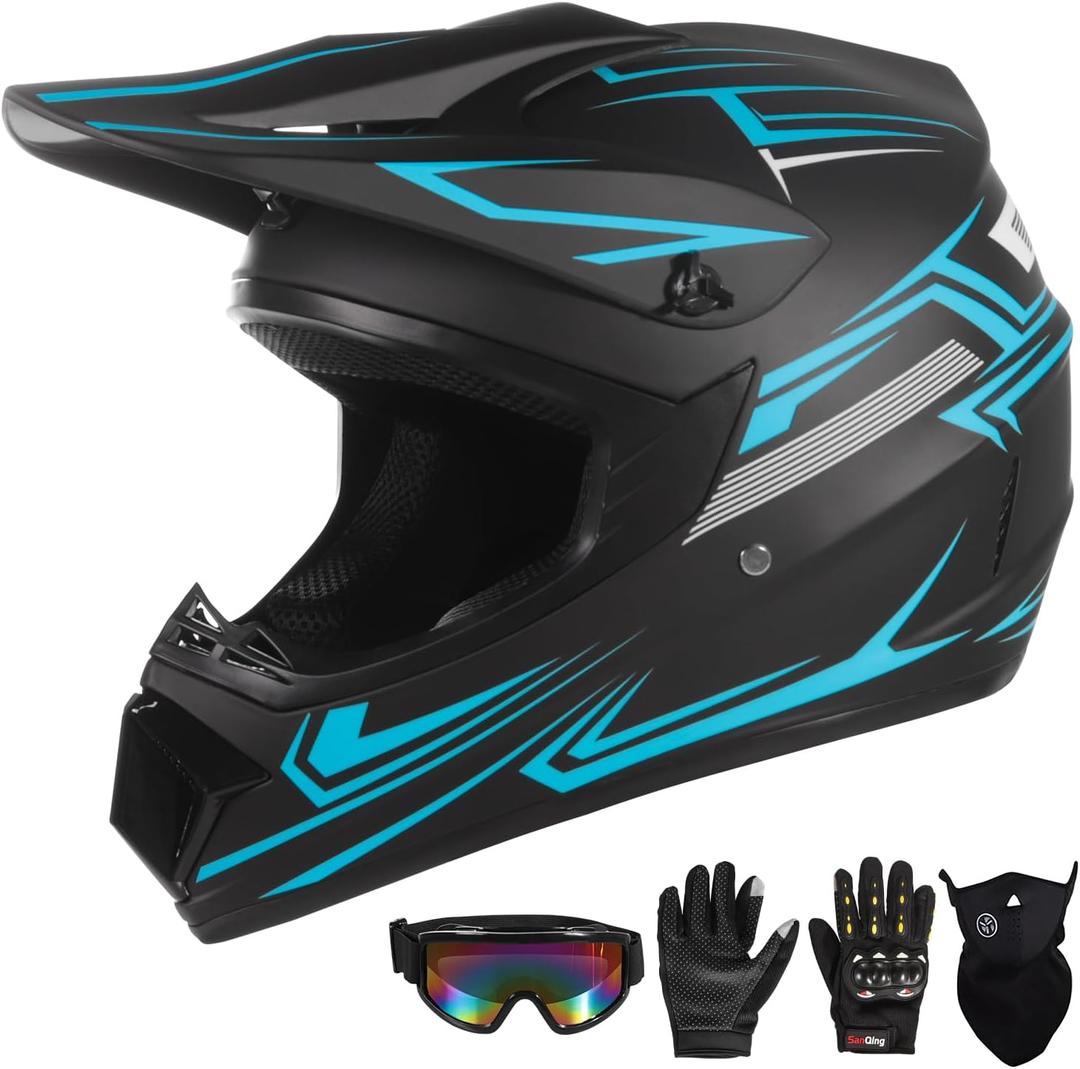 Youth Motocross Helmet for Kids - DOT Approved Full Face Off-Road Mountain Bike ATV Dirt Bike Safety Gear With Goggles, Gloves, and Mask (Medium, Blue)