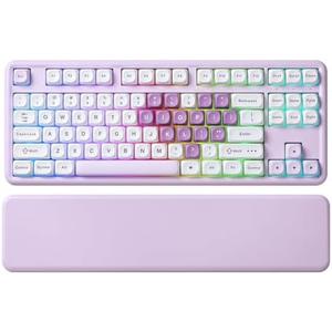 YUNZII B87 Wireless Mechanical Keyboard, QMK/ VIA Programmable, TKL Layout 87 Keys, BT/ 2.4G/ USB-C, Hot Swap Gasket Mount RGB Backlit Gaming with Wrist Rest for Win/ Mac (Purple Heart, Cocoa Cream V2)