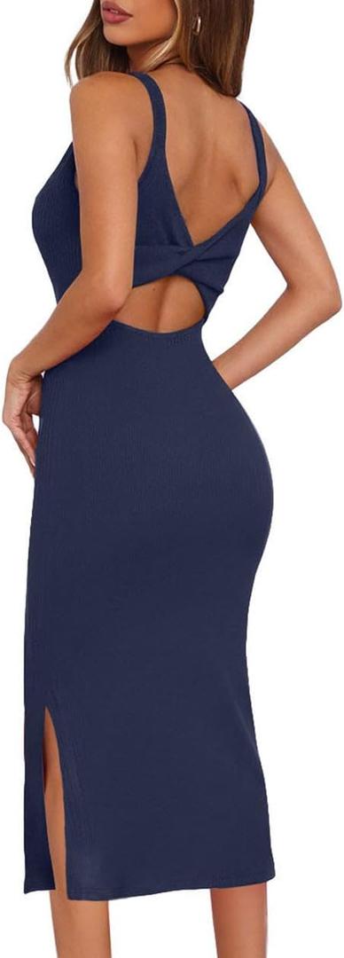 oten Women's 2026 Sexy Sleeveless Twist Backless Knitted Ribbed Side Split Bodycon Party Midi Length Dress (Navy Blue)