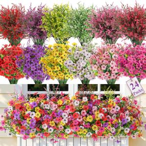 SHareconn 24 Bundles Artificial Flowers for Outdoors, Faux Plants Fake Silk Colorful Daisy Eucalyptus Lavender, UV Resistant for Outside Home Porch Patio Spring Decor, RedRosyPurpleYellowPinkWhite