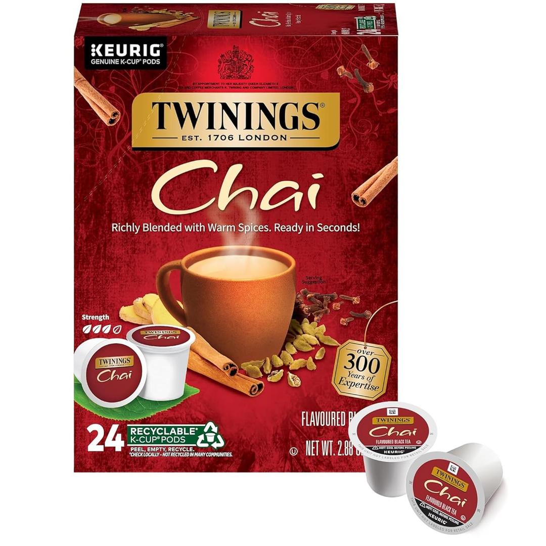 Twinings Chai Black Tea K-Cup Pods for Keurig, 24 Count (Pack of 1), Naturally Sweet and Savoury Spice Flavours, Caffeinated, Enjoy Hot or Iced (EXP 09/26/28)