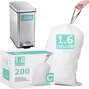 1.6 Gallon Code C 200 Count Heavy Duty Trash Bags Perfect Fit 10-12 Liter with Reinforced Drawstring Compatible with simpleman Code C White Garbage Liners Leak-Proof & Tear Resistant