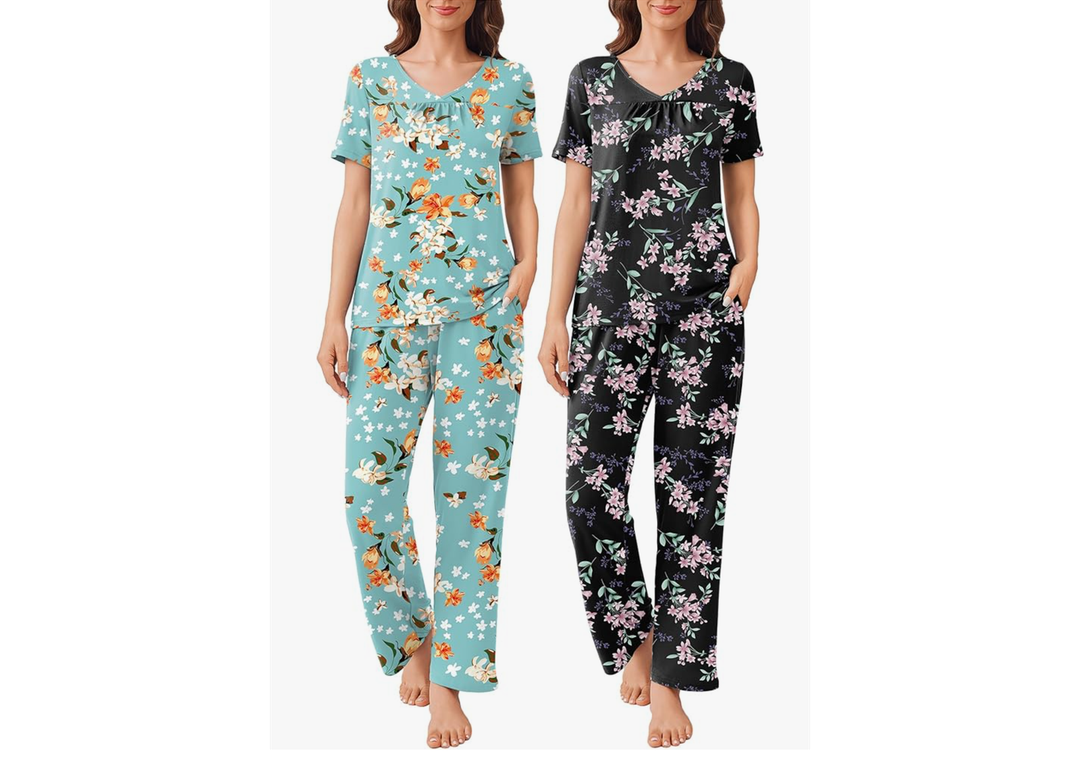 Ekouaer Pajama Sets for Women, Short Sleeve with Long Pant Pjs Sleepwear Comfy Lounge Sets with Pockets 1 Pants and 2 T-Shirts L