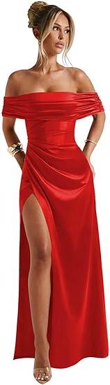 Off The Shoulder Satin Prom Dresses Pleated Cocktail Maxi Party Gown