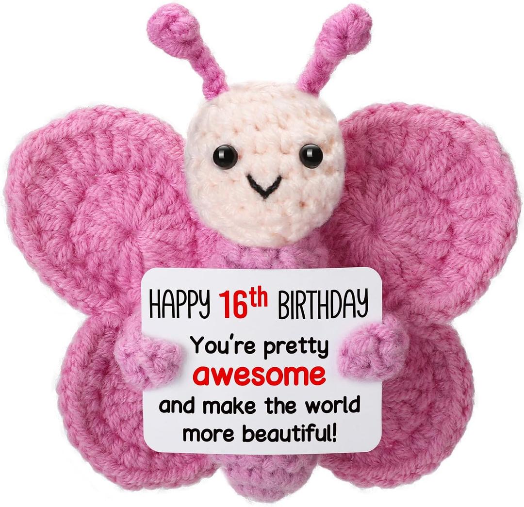 Sweet 16 Gifts for Girls, Mini Crochet Pink Butterfly Plush for 16th Birthday Teen, Happy 16 Year Old Girl Birthday Gift Ideas, Sixteen YO Decorations