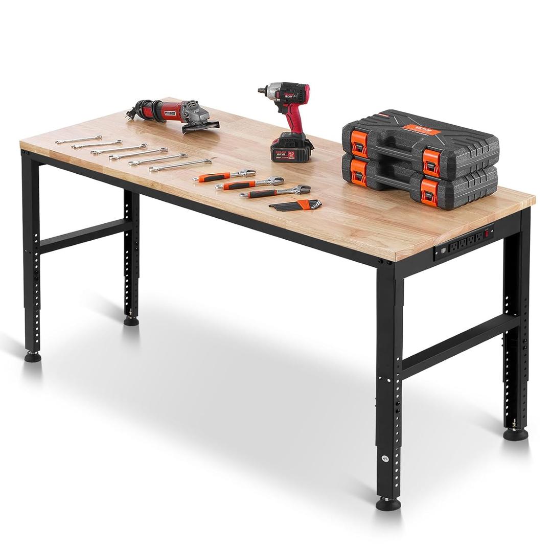 VEVOR Adjustable Workbench, 2000 lbs Capacity, 61 x 20-inch Heavy Duty Work Bench with 27.1-36 Inches Height Adjustment, Garage Workbench with Power Outlets, Suitable for Office, Garage, Workshop
