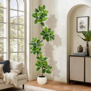 GarveeHome Fiddle Leaf Fig Tree Artificial Indoor, 7 ft Tall Faux Rubber Tree with Sphere Planter, Tall Artificial Plants with Moss for Home Decor Office Living Room (Green)