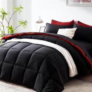COZYART King Comforter Set 7 Pcs, Black and Red Bed in a Bag, All Season Lightweight Soft Reversible Bedding Sets, 1 Comforter, 1 Flat Sheet, 1 Fitted Sheet, 2 Pillow Shams, 2 Pillowcases