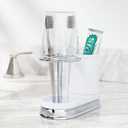 mDesign Plastic Toothpaste and Toothbrush Holder Center with Cup/Cover - Organizer for Bathroom Vanity Countertop - Holds Paste, Floss, Accessories - Hyde Collection - White/Chrome
