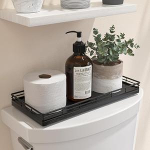 Oak Bathroom Toilet Tank Tray, 13" Wood Toilet Paper Storage Basket Back of Toilet Basket Organizer, Vanity Tray for Perfume Makeup Candle Kitchen Counter Coffee Table Black Tray Decor