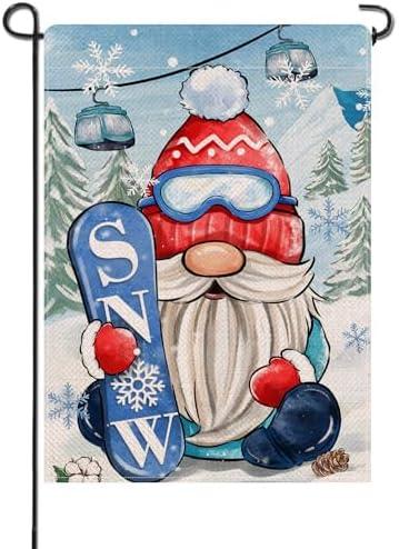 Artofy Winter Skiing Gnome Snow Small Decorative Garden Flag, Christmas Snowflake Pine Tree Yard Lawn Decor, Seasonal Burlap Outdoor Home Decoration Double Sided 12 x 18 2 Pack