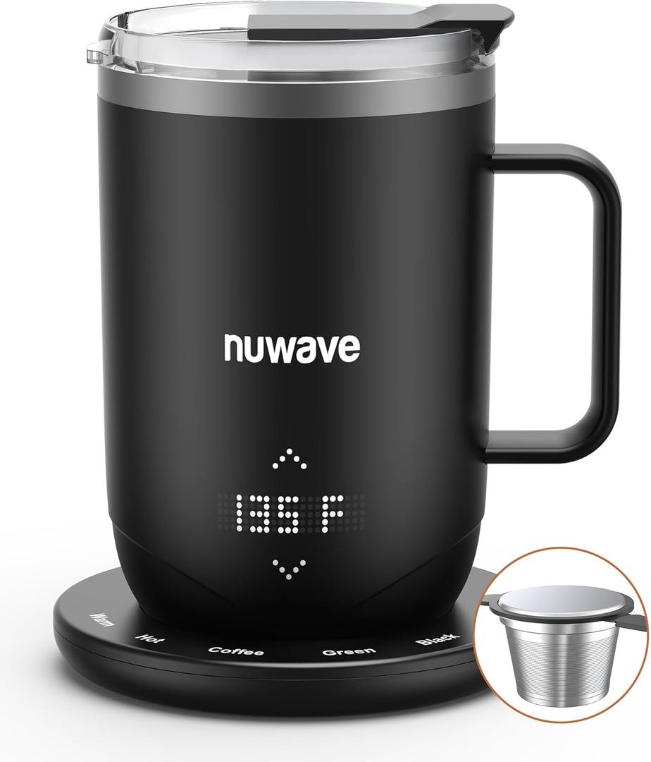 Nuwave Smart Heated Coffee Mug Rechargeable, 16oz Self Heating Temperature Control Mug with LED Display, Custom Brew Modes, Double-Wall Vacuum Insulation, 5-Hour Battery Life, Auto Shut-Off