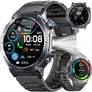 Military Smart Watch for Men Built-in GPS with LED Flashlight Compass, 1.43" AMOLED Display 5ATM Waterproof Fitness Tracker with Heart Rate/Sleep/Blood Oxygen, Watches for Android/iPhone, Black