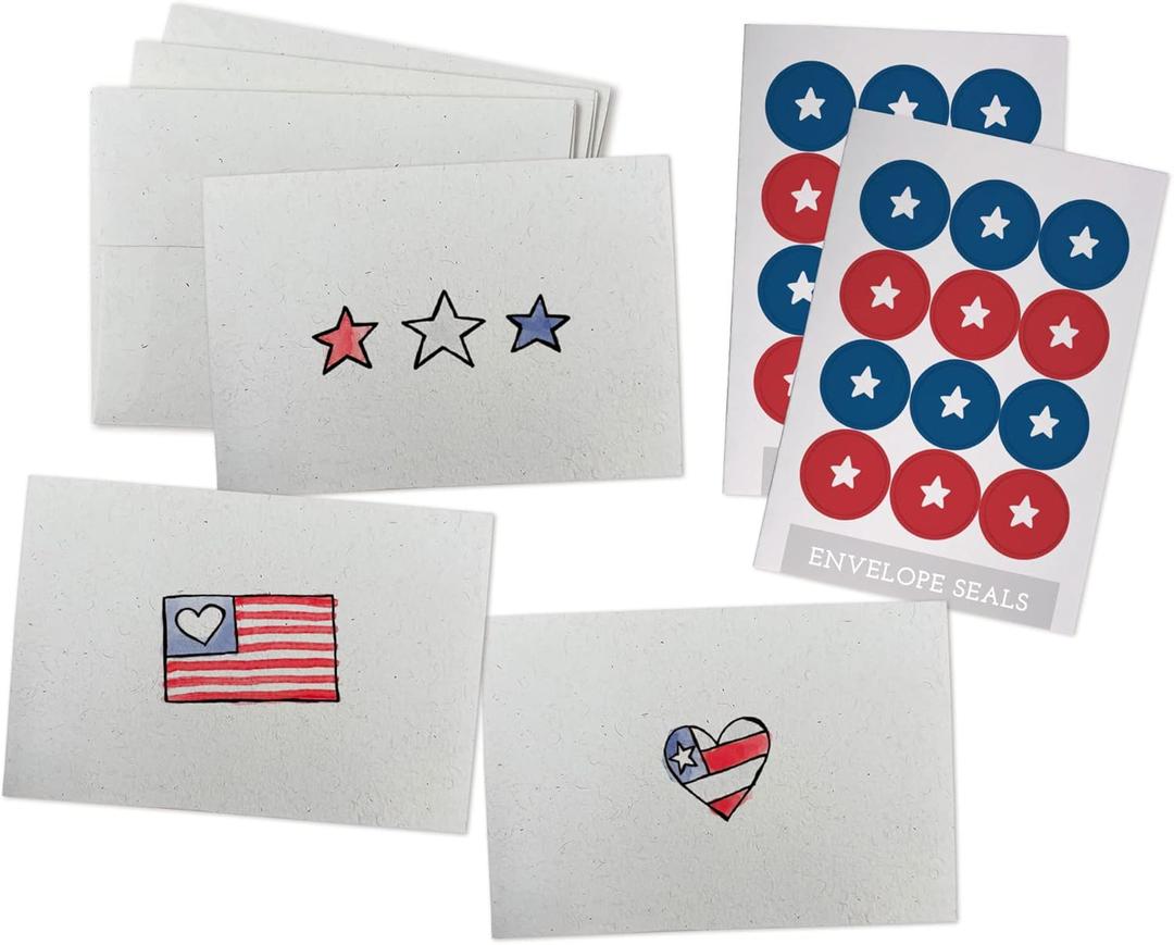 Patriotic American Greeting Cards Set - 24 Note Cards with Envelopes & Red White Blue Sticker Seals - Great for Thank You Cards