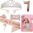 Sweet 7 Decorations for Her - 5pcs 7th Birthday Gifts Including Tiara Crown, Sash, Cake Toppers, Balloons, Candles