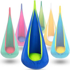 Y- STOP Kids Pod Swing Seat, Hanging Hammock Chair Swing with Inflatable Pillow, Sensory Swing Chair with Pocket for Outdoor and Indoor (Blue and Green)