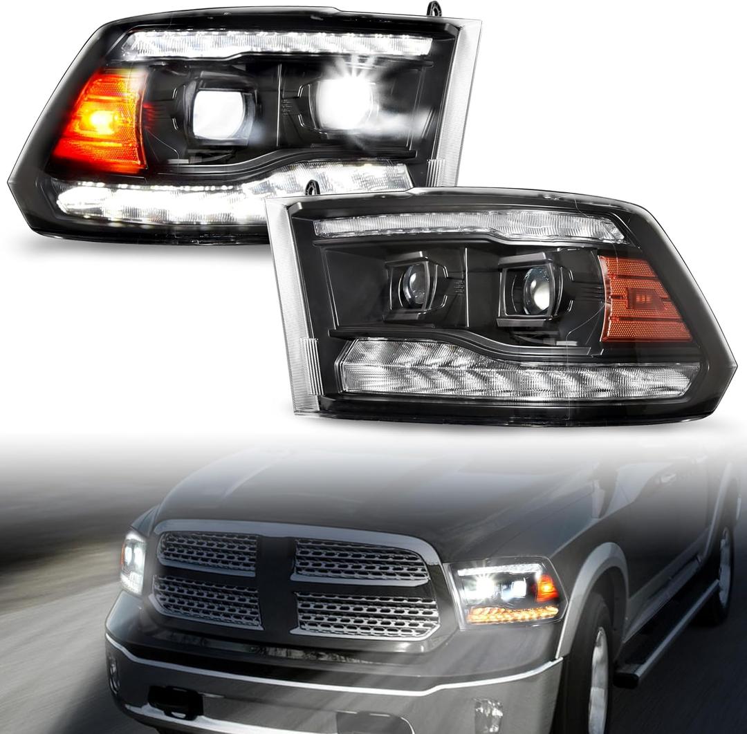 Full LED Projector Headlights Set for 2009-2018 Dodge Ram 1500, Sequential Turn Signal Dual Projector Headlights With Switchback Dual LED Bar for 09-18 Ram 1500/10-18 Ram 2500/3500 (2PCS)