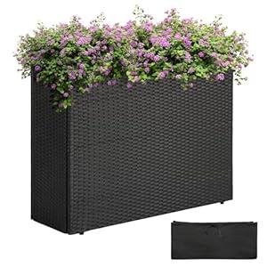 IDZO All Weather Wicker Planter Raised Garden Bed, Set of 2 24 in Tall Round Rattan Flower Pots, Durable Self-Watering Indoor Outdoor Wicker Planters for Porch Patio Balcony