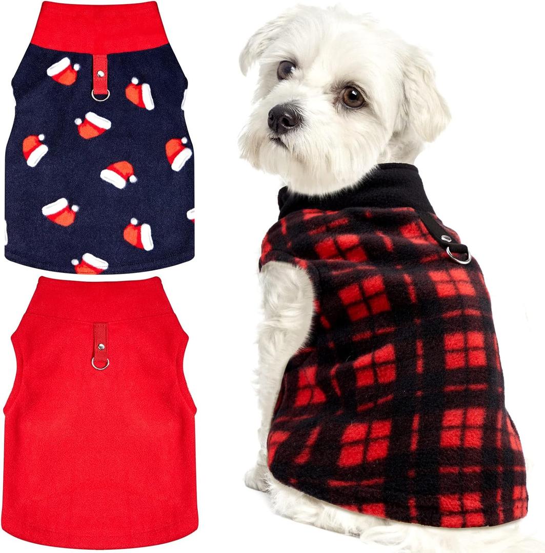 3 Pieces Christmas Small Medium Dog Sweater Pet Clothes with Leash Ring Soft Fleece Pullover Puppy Warm Sweaters Santa Hat Pattern Vest Xmas Red Plaid Winter Clothes for Cats (Small)