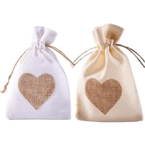 Burlap Bags, 20 Packs 5"x7" Drawstring Heart Burlap Gift Bag Candy Pouches Linen Pockets for Valentine's Day Wedding Easter Christmas Halloween Thanksgivings New Year (5"x7", White/Beige (Pack of 20))
