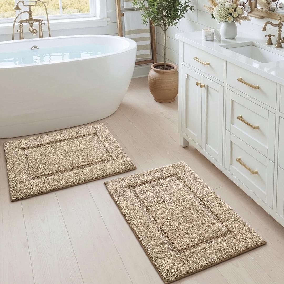 DEXI Bathroom Rugs Set 2 Piece 32x20, Washable Non Slip Bath Mat for Shower Floor, Absorbent Quick Dry Bathmat with Rubber Backing, Ultra Soft Plush Carpet for Tub, Beige