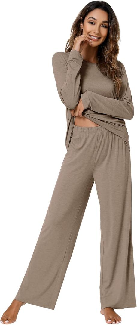 WiWi Bamboo Viscose Pajama Set for Women Super Soft Long Sleeve Top with Pants Loungewear Cooling 2 Piece Pjs Sets S-XXL (Medium)