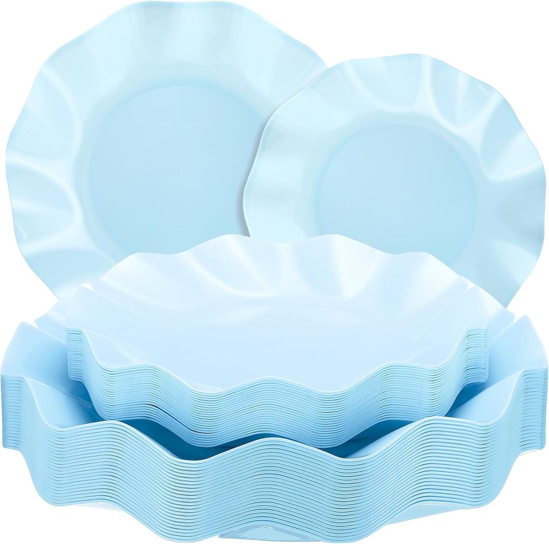 Zhehao 50 Pcs Light Blue Scalloped Plastic Plates, 8'' 10'' Disposable Blue Party Dinner Dessert Plates for 25 Guest, Heavy Duty Appetizer Buffet Dishes for Wedding Baby Shower Birthday Party Supplies