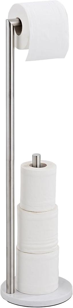 Marble Toilet Paper Holder Stand - Brushed Nickel, Freestanding with Storage, Floor Stand, Silver Toilet Roll Holder, Standing Paper Towel Holder