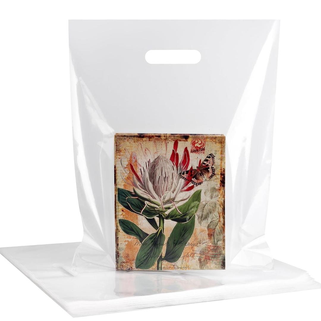 POPGIFTU Clear Plastic Bags with Handles 100 Pack, 12x15 Medium Merchandise Bags Bulk, Transparent Retail Shopping Bags for Clothing, Packaging, Stores