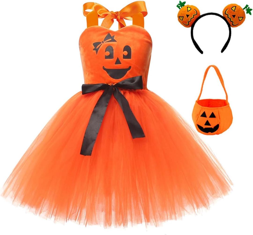 Little Girls 3PCS Halloween Layered Tulle Tutu Dress Headband and Bag Pumpkin Princess Party Cosplay Outfits Clothes (6-7 Years, Orange)