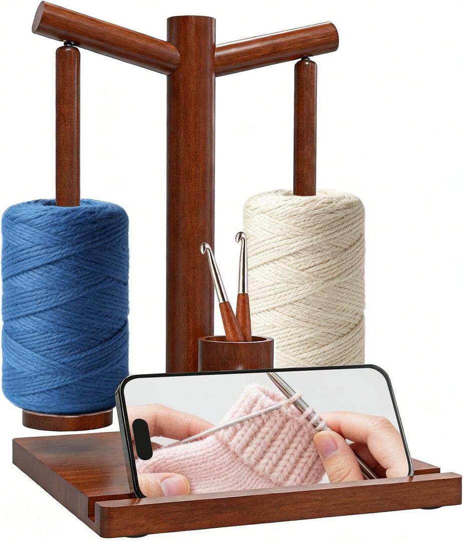 Gkmri Wooden Yarn Holder for Crocheting, Magnetic Yarn Holder Spinner with 360 Rotation & 2 Spindles, All-in-One with Phone Stand & Crochet Hook Storage, Perfect Gifts for Knitters