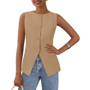 PRETTYGARDEN Women's Summer Suit Vest Tops 2026 Dressy Business Casual Sleeveless Button Down Trendy Fashion Blazer Waistcoat (Beige, M)