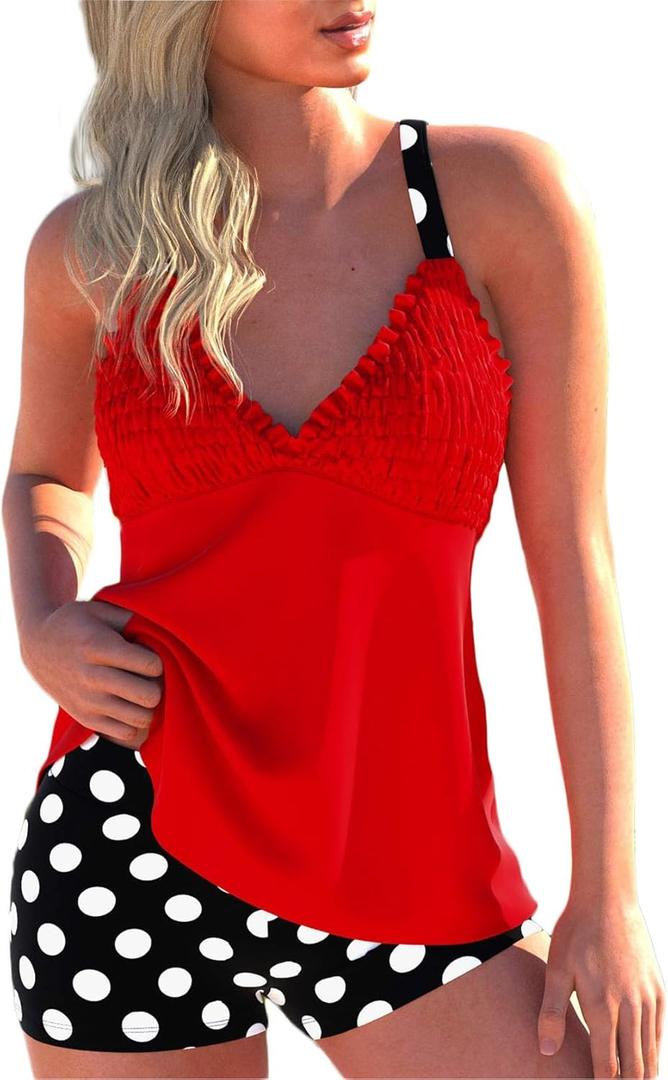 ROSEWE Womens Tankini Bathing Suits, Two-Piece Smocked Swim Dress, Print Swimsuits with Board Shorts (Red, XL)