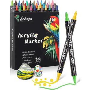 AEDAGA 36 Colors Acrylic Paint Markers, Dual Tip Acrylic Paint Pens with Dot and Fine Tips, Multisurface Markers for Glass, Rock, Fabric, Wood and Plastic