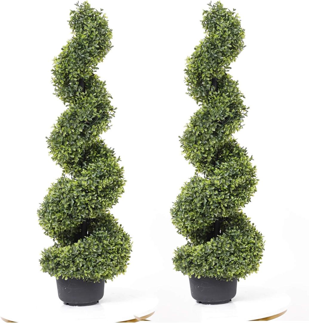35 Inch Artificial Boxwood Topiary Tree Spiral Plants Fake Faux Plant Decor in Plastic Pot Green Indoor or Outdoor, Set of 2