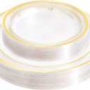 60 PCS Clear Gold Plastic Plates, Disposable Party Plates Include 30 Dinner Plate and 30 Dessert Plate Perfect for Holiday, Birthday, Wedding & Party