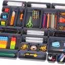 42 Pack Interlocking Desk Drawer Organizer Tray Dividers Plastic Shallow Narrow Drawers Organizers Separators Storage Bins Container for Kitchen Bathroom Makeup Office Vanity Dresser (Black)