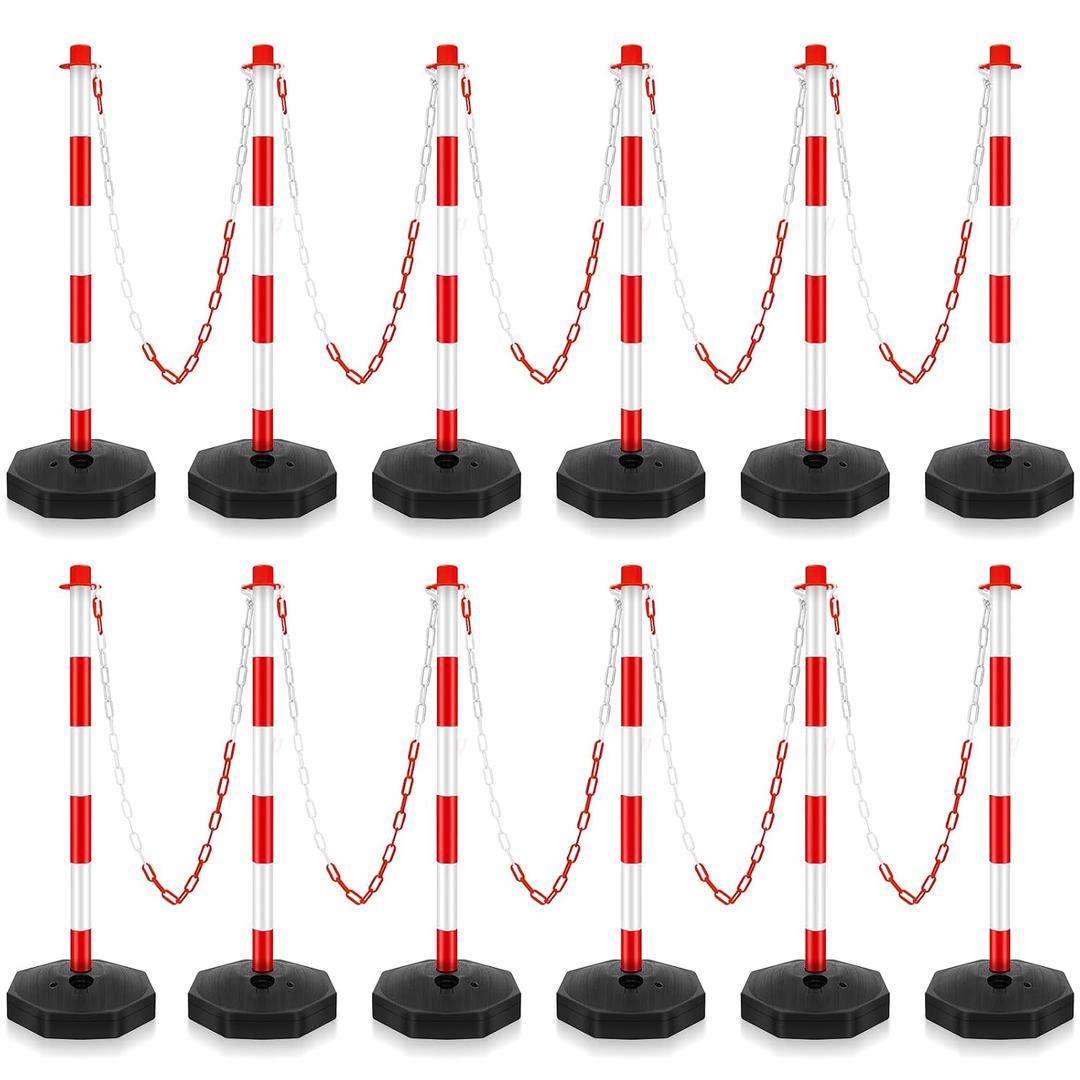 Konohan 12 Sets 34 Inch Parking Cone Delineators Post Traffic Cone Plastic Stanchion Set Stands Parking Barrier with Base 6.6 ft Chain S Hooks Reflective Collar (Red,White)
