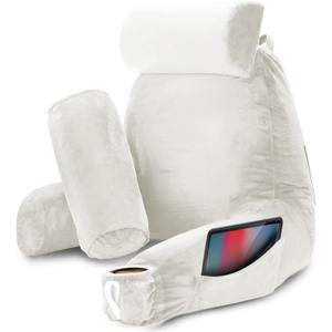Nestl Reading Pillow with Shredded Memory Foam Includes 2 Neck and Lumber Support Pillows, Designed for Sitting Up in Bed and Couch, Back and Arms Adjustable Support for Adult & Teens, White, Large 22"