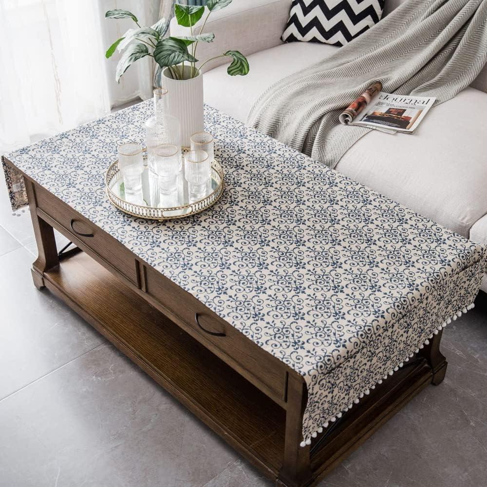 Coffee Table Cloth Rustic Style Living Room Center End Table Cover with Pocket, Cotton Linen Tablecloth (Blue Flower,23.663 Inch)