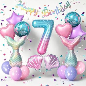 Mermaid Birthday Decorations for Girls Age 3-7, Purple Blue Pink Mermaid Theme Party Supplies with Large Shell Foil Balloons, Banner, Heart and Star Balloons for Kids Baby Shower (7th)