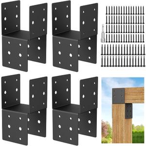 4 Pcs Heavy-Duty Post Brackets Kit - 4x4 Wood Deck Mounting, 14-Gauge Steel Base & Anchor Connectors with Screws, Secure Brackets for Wood Posts to Decks (4pcs Caps Tie Bracket)