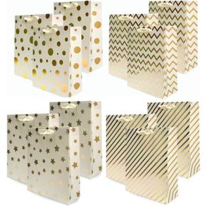 UNIQOOO 12PCS Metallic Gold Christmas Gift Bags Bulk with Handle, Large 12.5 x10 Inch, Assorted Modern Geometric Paper Gift Wrap Bags, For Valentines Day Holiday Birthday Wedding Gift Packaging Decor
