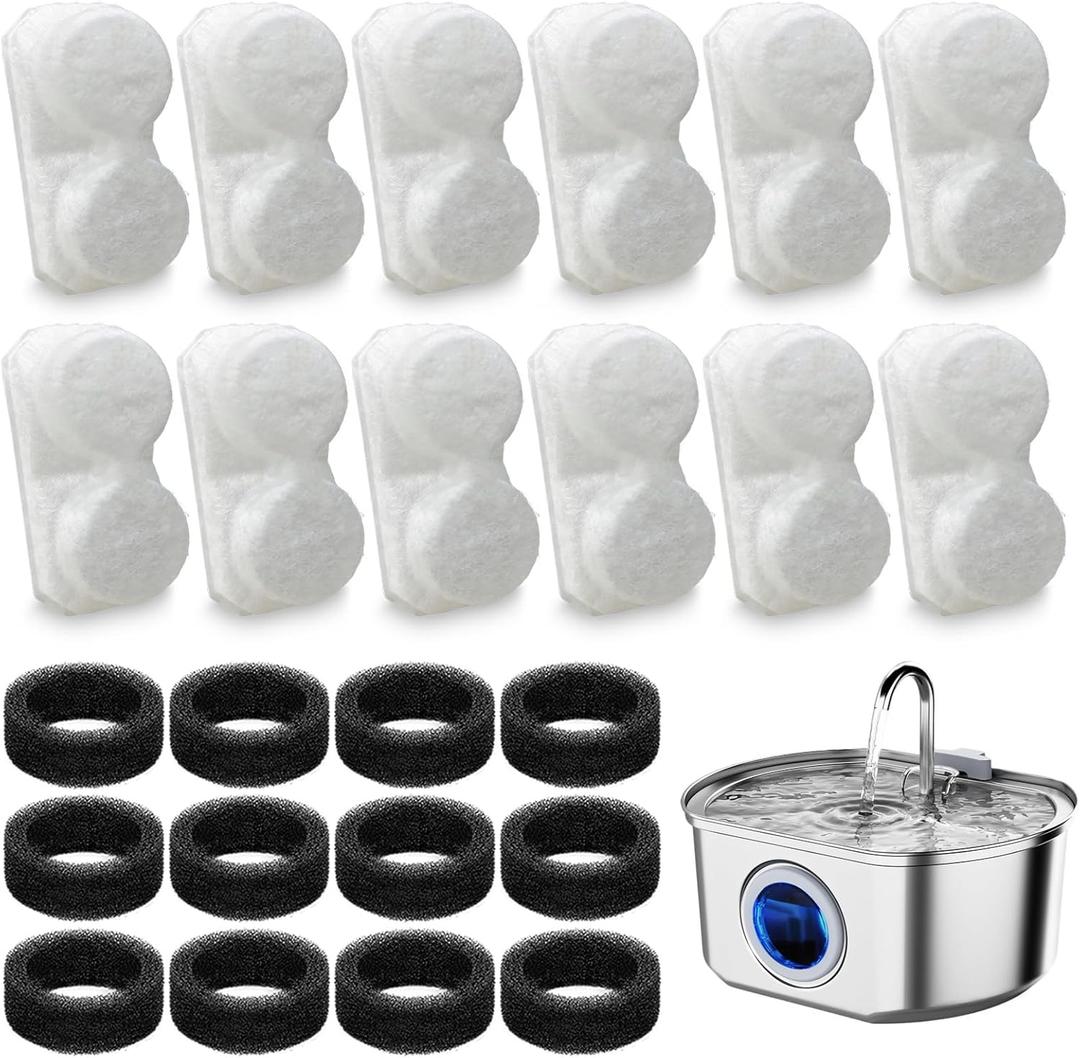 24 Pack Cat Fountain Replacement Filters Compatible with Neareal 108oz/3.2L Stainless Steel Pet Water Fountain(12 Filters & 12 Sponges)